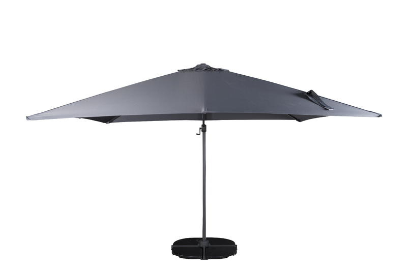 Leeds är vår robusta parasoll i smäcker grå kulör med svart ställning som är roterbart runt egen axel. Det här parasollet är ställbart i olika vinklar vilket gör det utmärkt som skydd mot solen under dygnets alla timmar och det tacksamma materialet gör de
