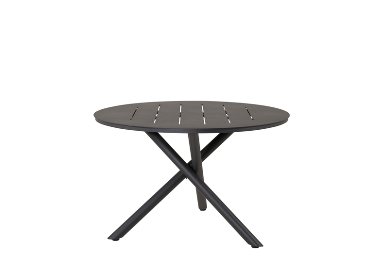 Alma – ett runt matbord i en stilren design som passar in i de flesta miljöer. Bordet är tillverkat i svart aluminium, ett robust material som står sig över tid. Skapa en charmig mittpunkt där ingen hamnar på kanten och njut av härliga stunder tillsammans