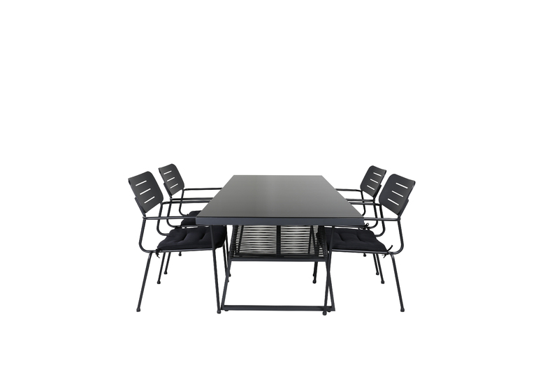 Dallas är ett rektangulärt matbord tillverkat i svart aluminium. Bordsskivan är i mörkt glas, bordsstommen har schyssta repdetaljer som ger bordet ett kaxigt och smakfullt uttryck. Matcha med stolar i samma serie för en komplett matgrupp. Gör dig redo för