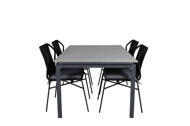 Levels - Ett rektangulärt matbord som går att förlänga vid behov när det behövs fler sittplatser: här får alla nära och kära plats! Bordsskivan är i grå aintwood och bordsbenen i metall: två slitstarka material som ger dig ett tåligt matbord för utomhusbr