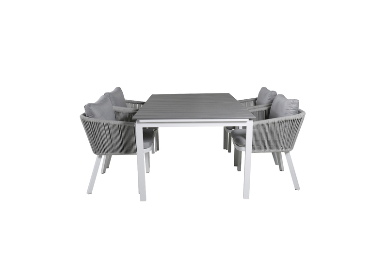 Levels - Ett rektangulärt matbord som går att förlänga vid behov när det behövs fler sittplatser: här får alla nära och kära plats! Bordsskivan är i grå aintwood och bordsbenen i metall: två slitstarka material som ger dig ett tåligt matbord för utomhusbr