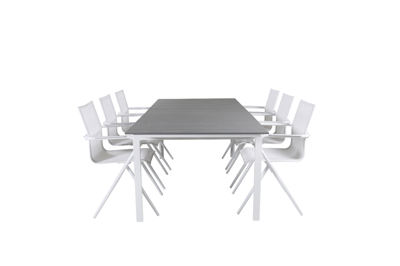 Ett iögonfallande matbord som står sig över tid! Levels är vårt förlängningsbara, rektangulära matbord i stilren design med en bordsskiva i grå aintwood och ett underrede i vit metall. Det passar utmärkt både i uterummet och på uteplatsen och går att anpa
