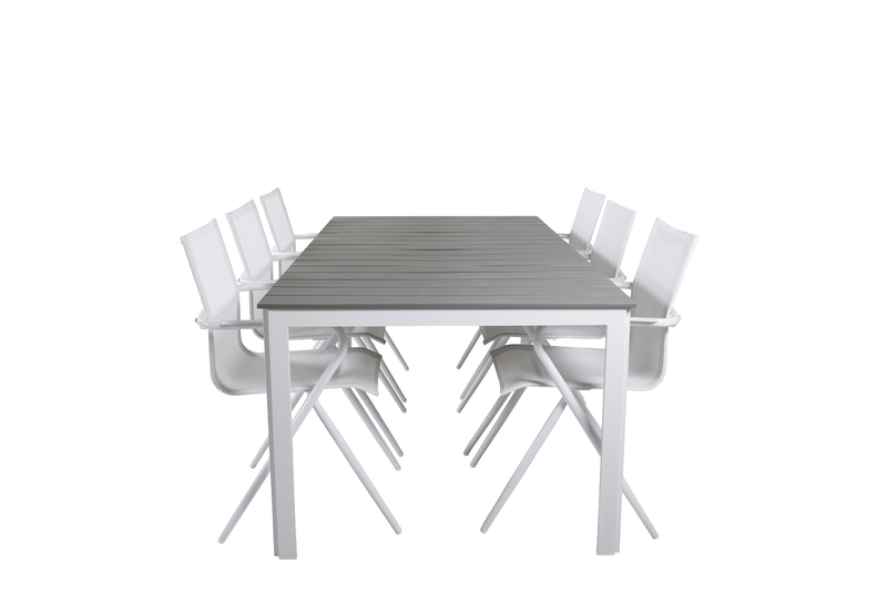 Parma har en stilren design med en rektangulär bordsskiva i grå aintwood och underrede i vit metall. Möblera uteplatsen eller uterummet med en fräsch look och gör er redo för härliga måltider i sommar! Matcha med ett par bekväma matstolar så får du en kom