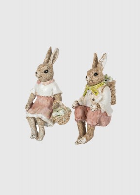 Påskdekoration, sittande kaninparSöta små kaniner som sitter ner. Säljes styckvis.Höjd: 9,5 cmBredd: 6 cmSäljes styckvis