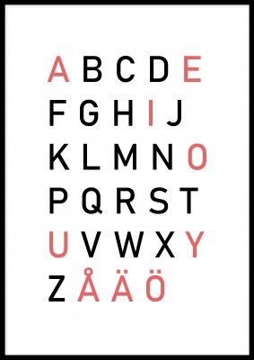Poster, Alfabet i RosaEn härlig barnposter med alfabetet i svarta och rosa bokstäver. Kombinera inredning med kunskap, ett roligare sätt att lära sig på. Postern är stilren samtidigt som den smyckar ut barnrummet. Tryckt på miljövänligt 230g, matt papperF