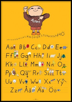 Barnposter, Alfons alfabet A-Ö gulLekfullt alfabet på svenska, där bokstäverna är ritade som man lär ut bokstäverna i skolan. Bland bokstavsfigurerna hittar du Alfons och hans vänner, pappa, farmor och faster. Jättefin poster att hänga upp i barnrummet! T