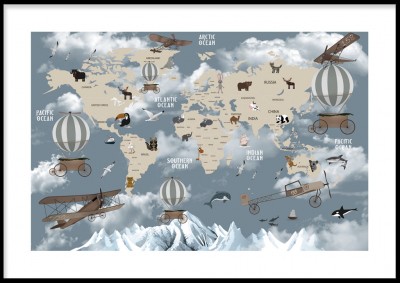Barnposter, Världskarta luftballongerIllustrerad poster över världen i vintageinspirerad stil. Tryckt på miljövänligt 230g, matt papperFinns i fler storlekar Postern levereras utan ram