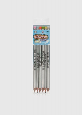 Blyertspennor UnicornSilvriga blyertspennor med en enhörnings-önskningar på! Pennorna har suddgummi i olika färger och kommer i en förpackning med 6 pennor. Storlek: 50x10x215 mm
