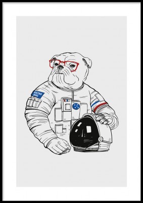 Poster, Bulldog astronautIllustrerad poster med en bulldog som astronaut. Tryckt på miljövänligt 230g, matt papperFinns i fler storlekar Postern levereras utan ram