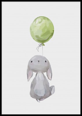 Poster, Kanin och BallongEn underbar barnposter med motiv av en kanin och grön ballong. Denna söta poster passar utmärkt i barnrummet och pryder enkelt upp en tråkig vägg. Låt ditt barn vakna upp till denna söta kanin. Tryckt på miljövänligt 230g, matt pa