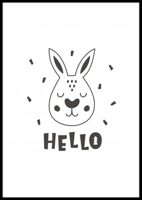 Poster, Bunny HelloEn gullig poster med en söt liten kanin som säger hello. Passar underbart till någon som älskar djur. Den stilrena designen gör att den passar bra i allas rum.Tryckt på miljövänligt 230g, matt papperFinns i flera storlekar Postern lever
