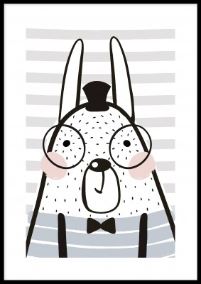 Poster, Bunny With TieEn gullig kanin uppklädd med glasögon, hatt och en fluga. Den gulliga barnpostern gör sig fin ia allas rum, speciellt den som gillar djur.Tryckt på miljövänligt 230g, matt cFinns i flera storlekar Postern levereras utan ram