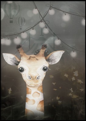 Barnposter CirkusgiraffenGullig poster med en giraff på cirkus! Med ett krusigt uttryck som ger ett fint djup.Tryckt på miljövänligt 230g, matt papperFinns i fler storlekar Postern levereras utan ram