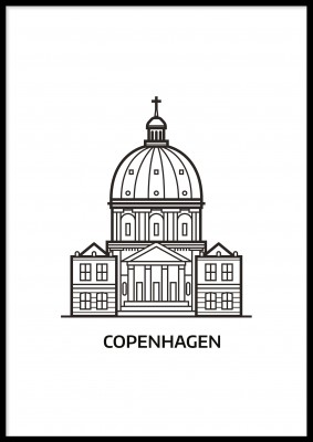 Poster, CopenhagenEn svartvit illustrerad poster med landmärke från Köpenhamn. Tryckt på miljövänligt 230g, matt papperFinns i flera storlekar Postern levereras utan ram
