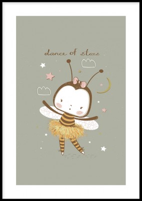 Poster, Dance of starsBarnposter med sött litet bi.Tryckt på miljövänligt 230g, matt papperFinns i flera storlekar Postern levereras utan ram