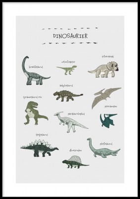 Barnposter, Olika dinosaurier En fin poster med många dinosaurier och dess namn.Tryckt på miljövänligt 230g, matt papperFinns i fler storlekar Postern levereras utan ram
