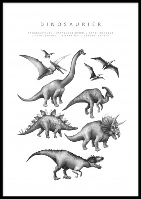 Poster Dinosaurier i svartvitt En poster med dinosaurirer i gråskalig akvarell. Tryckt på miljövänligt 230g, matt papperFinns i flera storlekar Postern levereras utan ram
