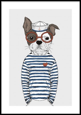 Poster, Dog sailorIllustrerad poster med hund i sjömanskläder.Tryckt på miljövänligt 230g, matt papperFinns i fler storlekar Postern levereras utan ram