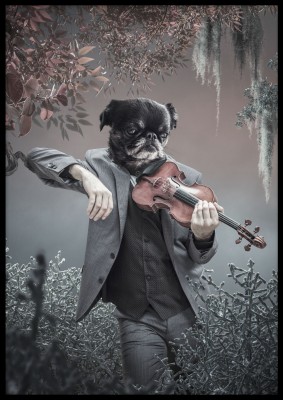 Poster, Dog with violinEn surrealistisk poster med en hund spelandes fiol. Tryckt på miljövänligt 230g, matt papperFinns i flera storlekar Postern levereras utan ram