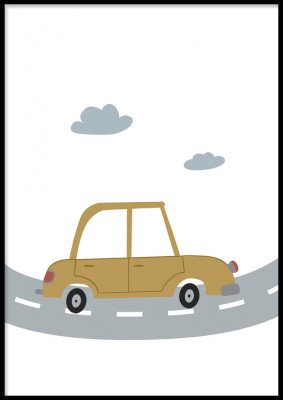 Barnposter, Driving 1Illustrerad poster med en bil åkandes på vägen. Ingår i en serie om tre posters där vägen följer vidare till nästa poster.  Tryckt på miljövänligt 230g, matt papperFinns i fler storlekar Postern levereras utan ram