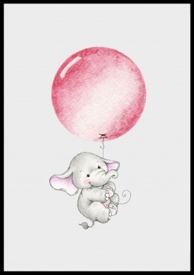 Poster, Elefant med rosa ballongEn underbar barnposter med motiv av en gullig elefant hängades i en rosa helium-ballong. Denna poster passar utmärkt i barnrummet och pryder enkelt upp en tråkig vägg. Låt barnet vakna upp till denna underbart vackra poster