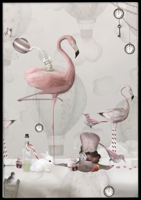 Affischen Flamingo teaEn härlig poster i rosa toner med flamingos på teparty. Tryckt på miljövänligt 230g, matt papperFinns i flera storlekar Postern levereras utan ram