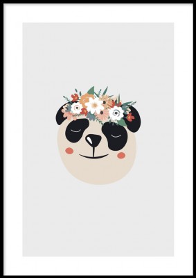 Barnposter, Flower pandaEn illustrerad barnposter med grå bakgrund och vit tryckt passepartout. Tryckt på miljövänligt 230g, matt papperFinns i fler storlekar Postern levereras utan ram