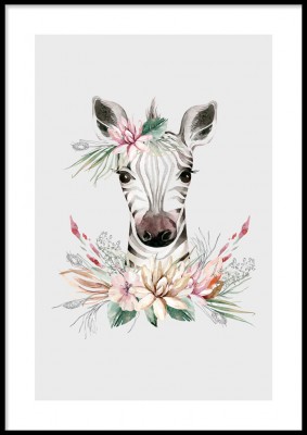Barnposter, Flower zebraIllustrerad poster med en söt blommig zebra.Tryckt på miljövänligt 230g, matt papperFinns i fler storlekar Postern levereras utan ram