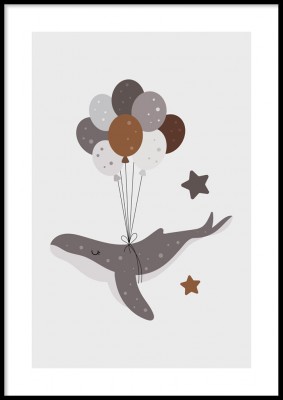 Barnposter, Flying whaleIllustrerad poster meden flygande val.Tryckt på miljövänligt 230g, matt papperFinns i fler storlekar Postern levereras utan ram