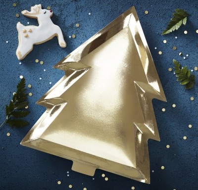 Julgransformad tallrik i guldKlä ditt bord med glans och glamour denna jul med dessa guldiga julgranstallrikar.Levereras i 6-packHöjd: 30 cmBredd: 23 cm 