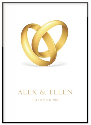 BröllopsposterEn poster till brudparet med två guldfärgade vigselringar. Skriv upp till två rader med personlig text. Tryckt på miljövänligt 230g, matt papperFinns i flera storlekar Postern levereras utan ram