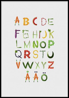 Poster, ABC grönsakerPoster till barnrummet med alfabetet skrivet med grönsaker.Tryckt på miljövänligt 230g, matt papperFinns i fler storlekar Postern levereras utan ram