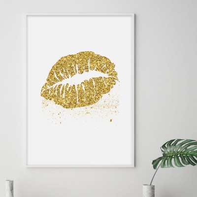 Poster, Gyllene kyssEn härlig poster med guldfärgad mun med guldstänk. Tryckt på miljövänligt 230g, matt papperFinns i fler storlekar Postern levereras utan ram