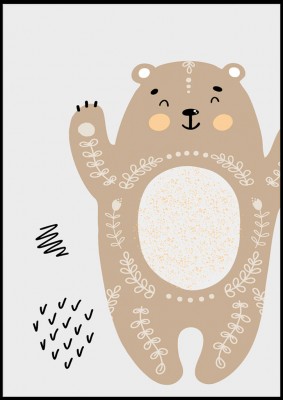 Barnposter, Happy BearPoster med gråtonad bakgrund och med en glad liten björn!Tryckt på miljövänligt 230g, matt papperFinns i fler storlekar Postern levereras utan ram