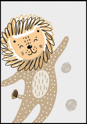 Barnposter, Happy LionPoster med gråtonad bakgrund och med ett glatt litet lejon!Tryckt på miljövänligt 230g, matt papperFinns i fler storlekar Postern levereras utan ram