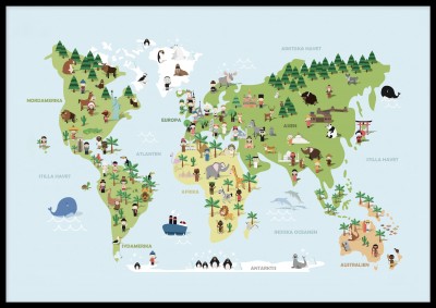 Poster med Hela VärldenEn riktigt härlig och inspirerande barnposter med motiv av en karta av hela världen. Motiven speglar även hur olika platser i världen ser ut på ett enkelt, förklarande sätt. Postern passar utmärkt i barnrummet till den nyfikna busun