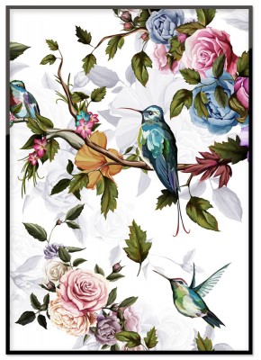 Poster Hummingbird with RosesFärgsprakande poster med en kolibri och rosor. Tryckt på miljövänligt 230g, matt papperFinns i flera storlekarPostern levereras utan ram