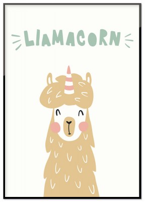 Poster Lama cornEn illustrerad poster med en lama som gärna vill vara en enhörning. Tryckt på miljövänligt 230g matt papperFinns i flera storlekarPostern levereras utan ram