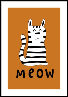 Poster, MeowIllustrerad poster med en glad katt.Tryckt på miljövänligt 230g, matt papperFinns i fler storlekar Postern levereras utan ram