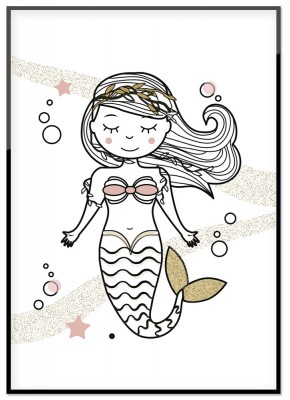 Poster Mermaid and starsBarnposter med illustrerad sjöjungfru med rosa och guldfärgade inslag. Tryckt på miljövänligt 230g matt papperFinns i flera storlekarPostern levereras utan ram