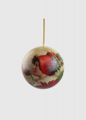 Öppningsbar plåtkula, flicka med röd hattÖppningsbar julkula i plåt med klassiskt julmotiv. Material: PlåtDiameter: ca 10 cm