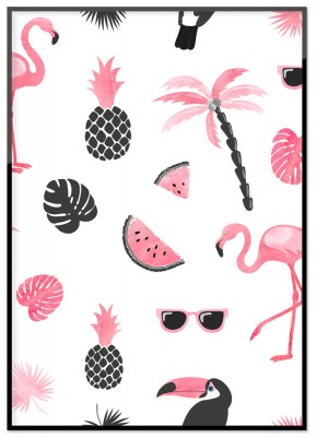Poster, Pink flamingoEtt print som går i överväganade rosa med flamingos och meloner. Tryckt på miljövänligt 230g matt papperFinns i flera storlekarPostern levereras utan ram