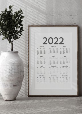 Poster, Kalender 1, stående 2022Kalenderposter för hela år 2022.Tryckt på miljövänligt 230g, matt papperFinns i fler storlekar Postern levereras utan ram