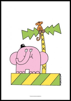 Poster Owe Gustafson, Elefant & ApaGrafisk och lekfull poster med en rosa elefant och en apa i en palm. Specialritat motiv åt Magic & Prints av illustratören Owe Gustafson, känd för sina rosa elefanter i Fem myror är fler än fyra elefanter