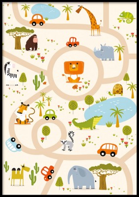 Poster, Safari roadPoster till barnrummet med safari temaTryckt på miljövänligt 230g, matt papperFinns i fler storlekar Postern levereras utan ram