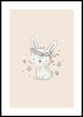Poster, Cute bunnyEn illustrerad poster med en söt liten kanin med rosa bakgrund. Tryckt på miljövänligt 230g, matt papperFinns i flera storlekar Postern levereras utan ram