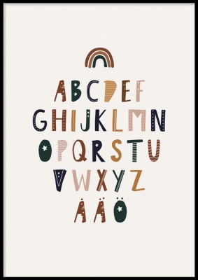 Poster, Rainbow ABCPoster till barnrummet med alfabetet i regnbågens färger och med en lätt beigetonad bakgrund.Tryckt på miljövänligt 230g, matt papperFinns i fler storlekar Postern levereras utan ram