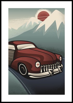 Poster, Retro carEn illustrerad poster i vintagestil med en bil körandes vid bergen. Tryckt på miljövänligt 230g, matt papperFinns i flera storlekar Postern levereras utan ram