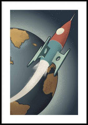 Poster, RymdraketenEn illustrerad poster i vintagestil med en rymdfarkost farandes i rymden.Tryckt på miljövänligt 230g, matt papperFinns i flera storlekar Postern levereras utan ram