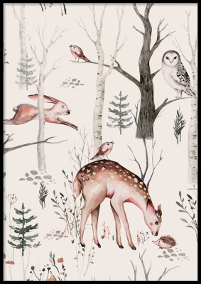 Poster, Scandinavian animalsIllustrerad poster med fina skandinaviska djur.Tryckt på miljövänligt 230g, matt papperFinns i fler storlekar Postern levereras utan ram